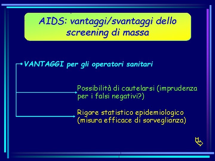 AIDS: vantaggi/svantaggi dello screening di massa VANTAGGI per gli operatori sanitari Possibilità di cautelarsi