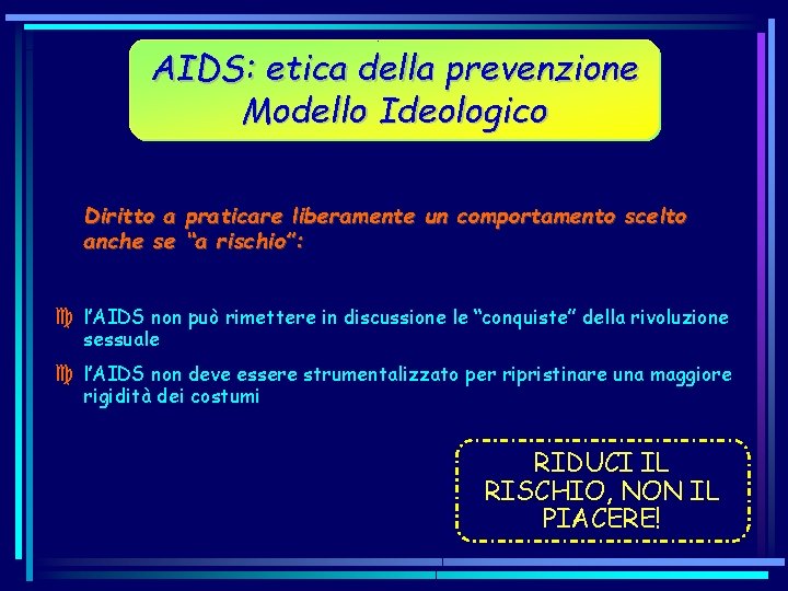 AIDS: etica della prevenzione Modello Ideologico Diritto a praticare liberamente un comportamento scelto anche