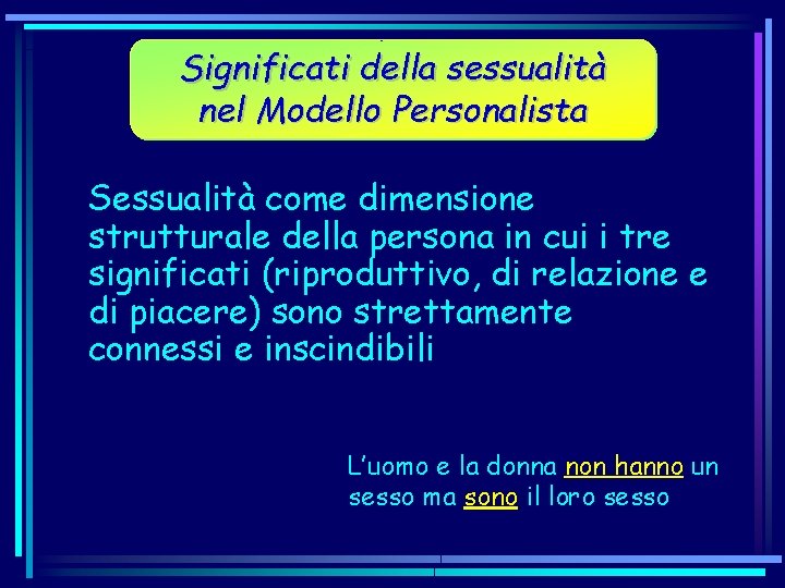 Significati della sessualità nel Modello Personalista Sessualità come dimensione strutturale della persona in cui