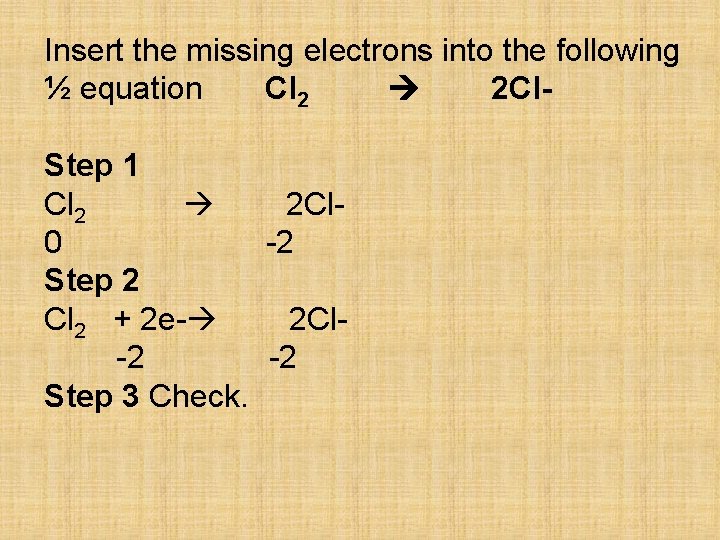 Insert the missing electrons into the following ½ equation Cl 2 2 Cl. Step