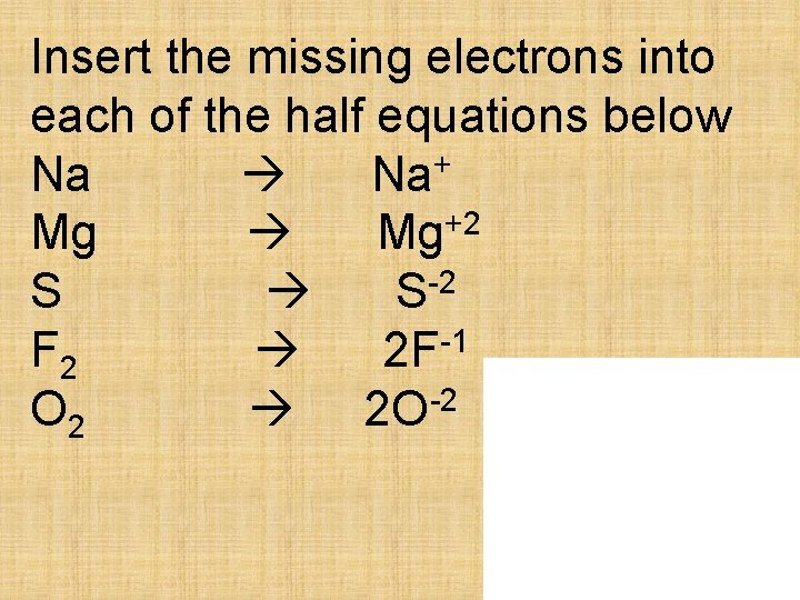 Insert the missing electrons into each of the half equations below Na Na+ +2