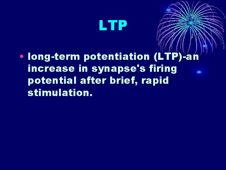 LTP • long-term potentiation (LTP)-an increase in synapse's firing potential after brief, rapid stimulation. LTP • long-term potentiation (LTP)-an increase in synapse's firing potential after brief, rapid stimulation.