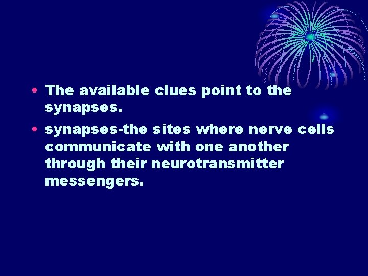 • The available clues point to the synapses. • synapses-the sites where nerve • The available clues point to the synapses. • synapses-the sites where nerve