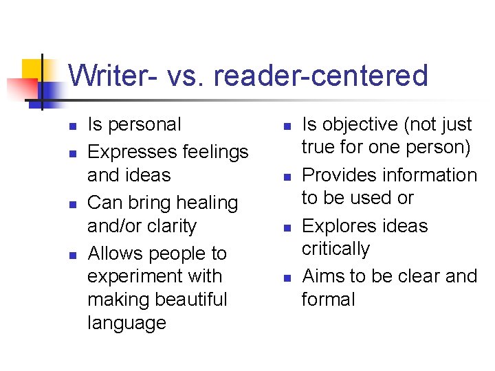 Writer- vs. reader-centered n n Is personal Expresses feelings and ideas Can bring healing