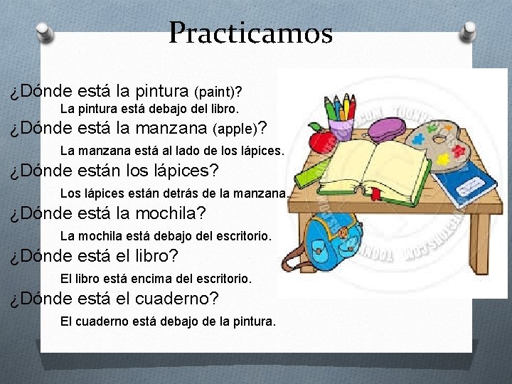 Practicamos ¿Dónde está la pintura (paint)? La pintura está debajo del libro. ¿Dónde está