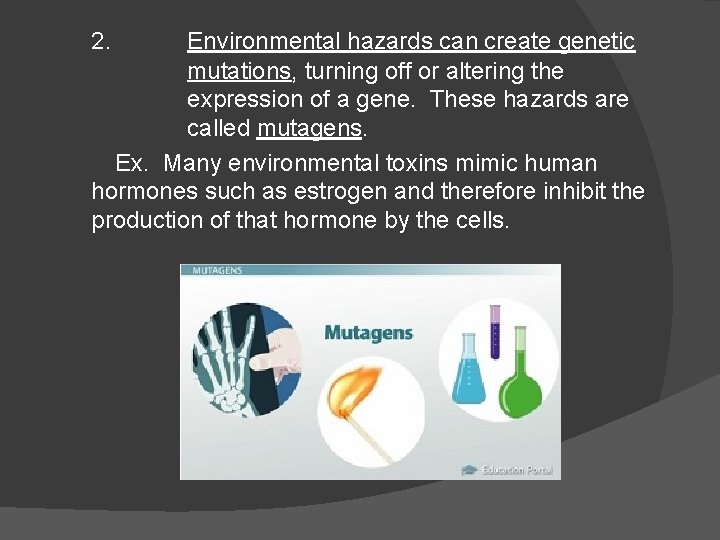 2. Environmental hazards can create genetic mutations, turning off or altering the expression of 2. Environmental hazards can create genetic mutations, turning off or altering the expression of