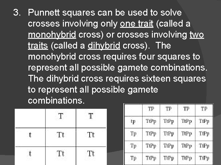 3. Punnett squares can be used to solve crosses involving only one trait (called 3. Punnett squares can be used to solve crosses involving only one trait (called