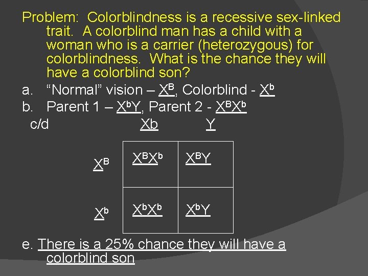 Problem: Colorblindness is a recessive sex-linked trait. A colorblind man has a child with Problem: Colorblindness is a recessive sex-linked trait. A colorblind man has a child with