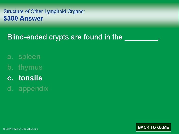 Structure of Other Lymphoid Organs: $300 Answer Blind-ended crypts are found in the ____.