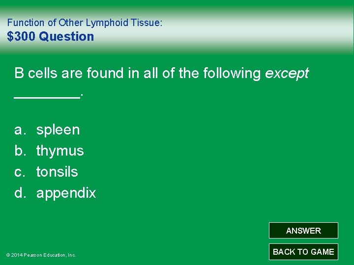 Function of Other Lymphoid Tissue: $300 Question B cells are found in all of