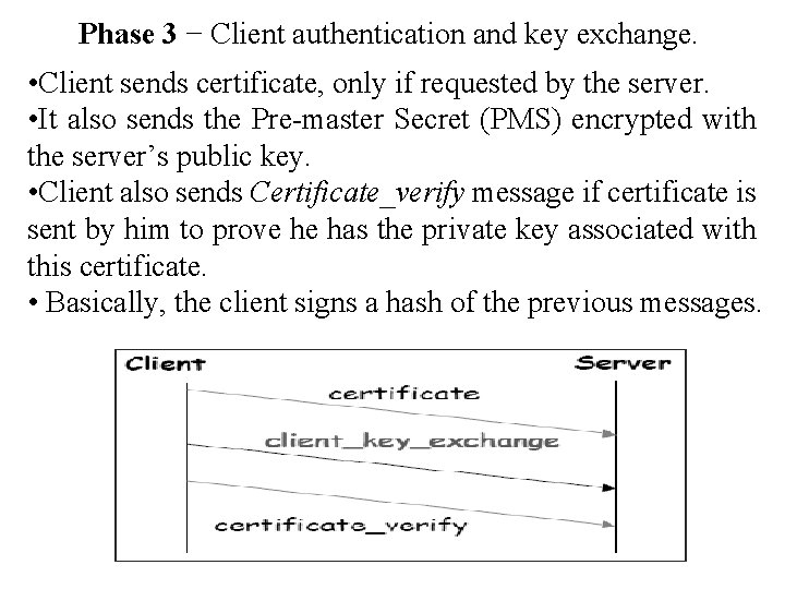 Phase 3 − Client authentication and key exchange. • Client sends certificate, only if