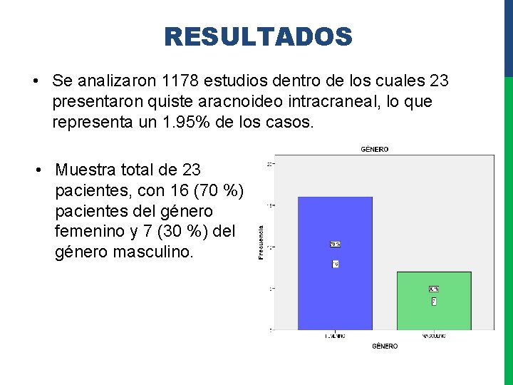 RESULTADOS • Se analizaron 1178 estudios dentro de los cuales 23 presentaron quiste aracnoideo