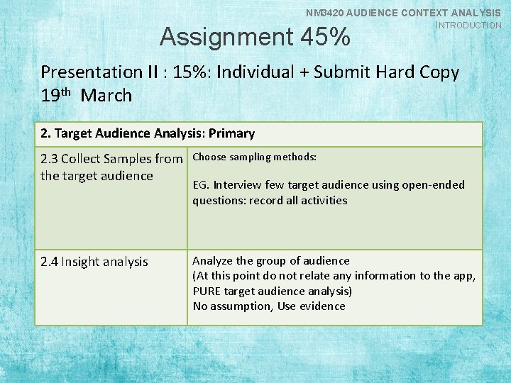 NM 3420 AUDIENCE CONTEXT ANALYSIS INTRODUCTION Assignment 45% Presentation II : 15%: Individual +