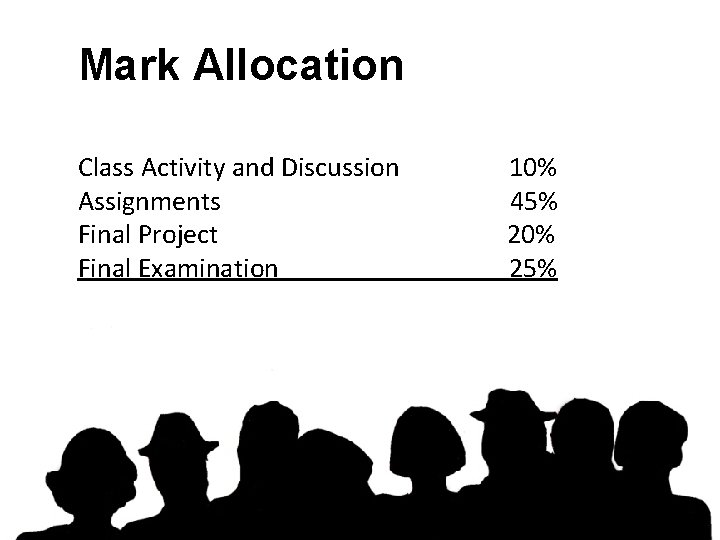 Mark Allocation Class Activity and Discussion Assignments Final Project Final Examination 10% 45% 20%