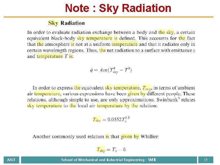 Note : Sky Radiation AAi. T School of Mechanical and Industrial Engineering - SMIE