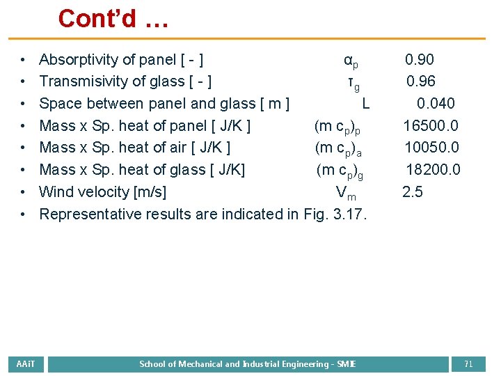 Cont’d … • • AAi. T Absorptivity of panel [ - ] αp Transmisivity