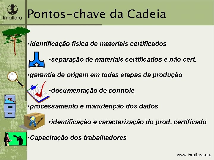 Pontos-chave da Cadeia • Identificação física de materiais certificados • separação de materiais certificados