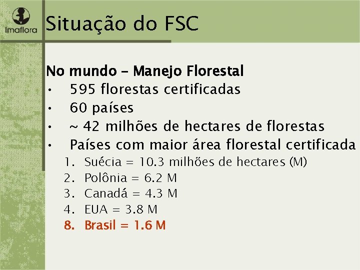 Situação do FSC No • • mundo – Manejo Florestal 595 florestas certificadas 60