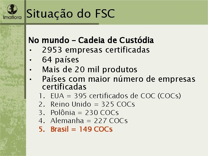 Situação do FSC No • • mundo – Cadeia de Custódia 2953 empresas certificadas