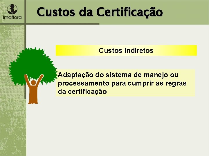 Custos da Certificação Custos Indiretos Adaptação do sistema de manejo ou processamento para cumprir