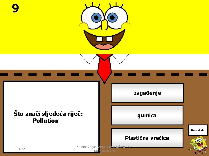 9 zagađenje Što znači sljedeća riječ: Pollution gumica Povratak Plastična vrečica 1. 1. 2022.