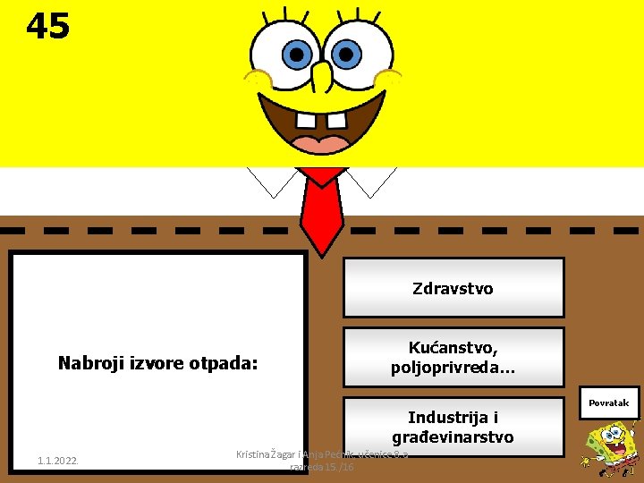 45 Zdravstvo Nabroji izvore otpada: Kućanstvo, poljoprivreda… Industrija i građevinarstvo 1. 1. 2022. Kristina