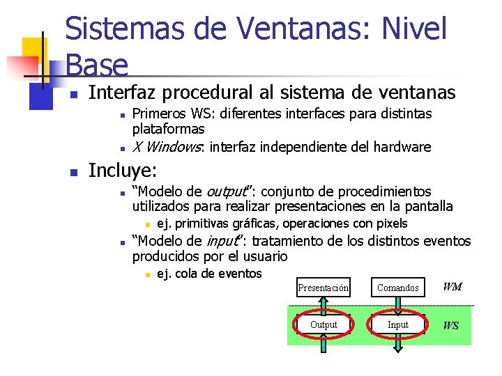 Sistemas de Ventanas: Nivel Base n Interfaz procedural al sistema de ventanas n n