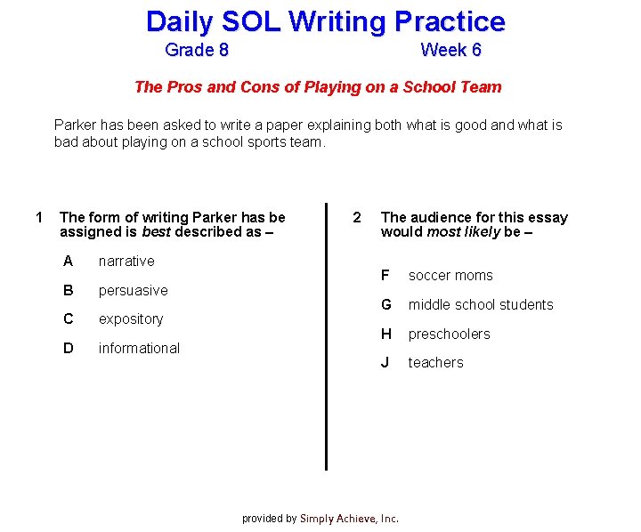 Daily SOL Writing Practice Grade 8 Week 6 The Pros and Cons of Playing