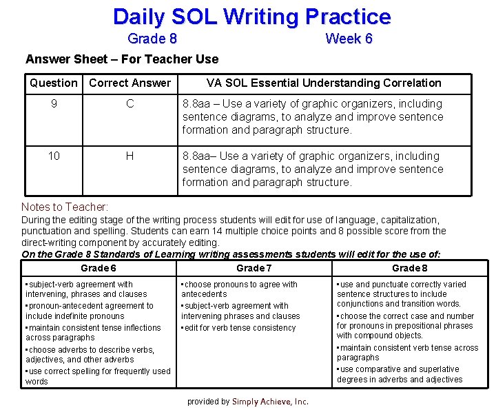 Daily SOL Writing Practice Grade 8 Week 6 Answer Sheet – For Teacher Use