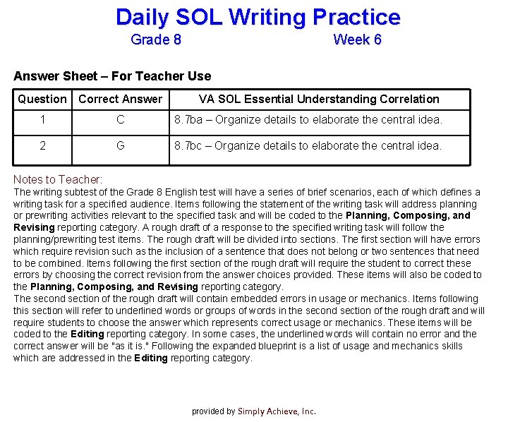 Daily SOL Writing Practice Grade 8 Week 6 Answer Sheet – For Teacher Use