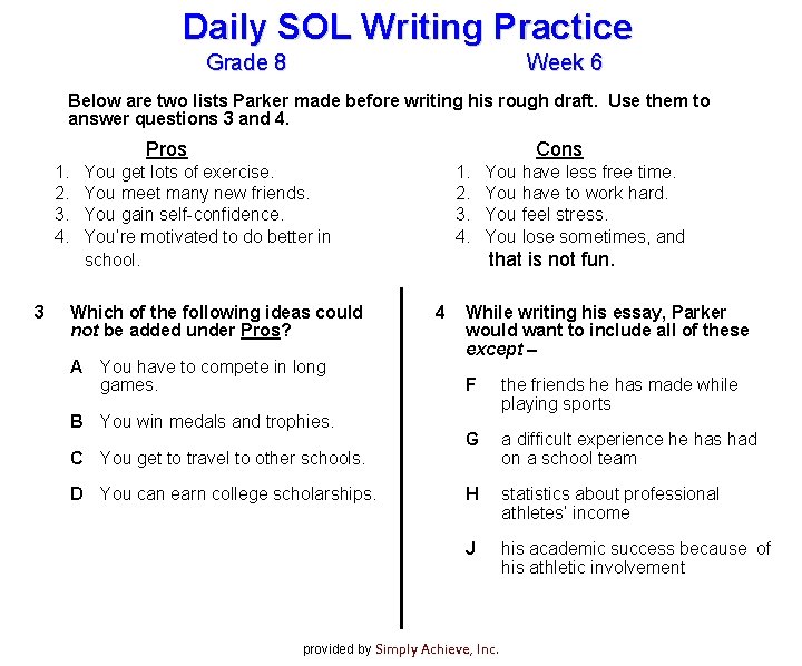 Daily SOL Writing Practice Grade 8 Week 6 Below are two lists Parker made