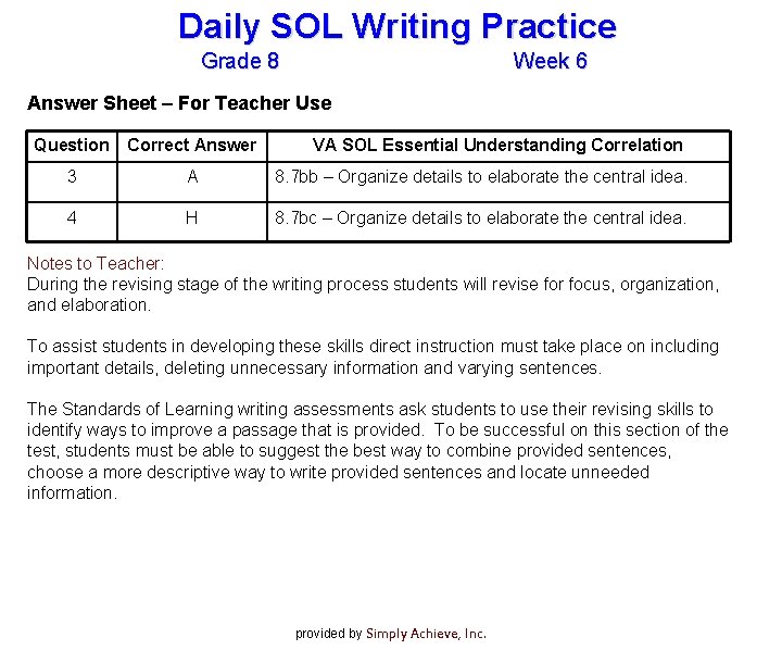 Daily SOL Writing Practice Grade 8 Week 6 Answer Sheet – For Teacher Use