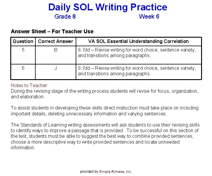 Daily SOL Writing Practice Grade 8 Week 6 Answer Sheet – For Teacher Use