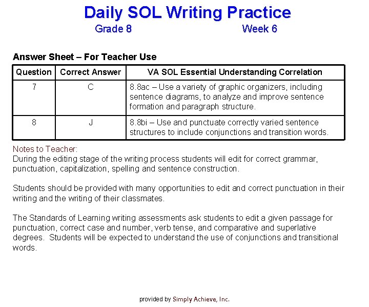 Daily SOL Writing Practice Grade 8 Week 6 Answer Sheet – For Teacher Use