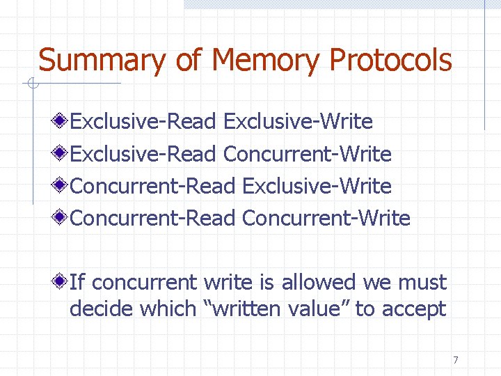 Summary of Memory Protocols Exclusive-Read Exclusive-Write Exclusive-Read Concurrent-Write Concurrent-Read Exclusive-Write Concurrent-Read Concurrent-Write If concurrent