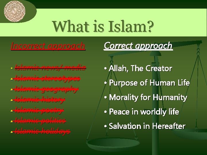 0 What is Islam? Incorrect approach Correct approach Islamic news/ media • Islamic stereotypes 0 What is Islam? Incorrect approach Correct approach Islamic news/ media • Islamic stereotypes