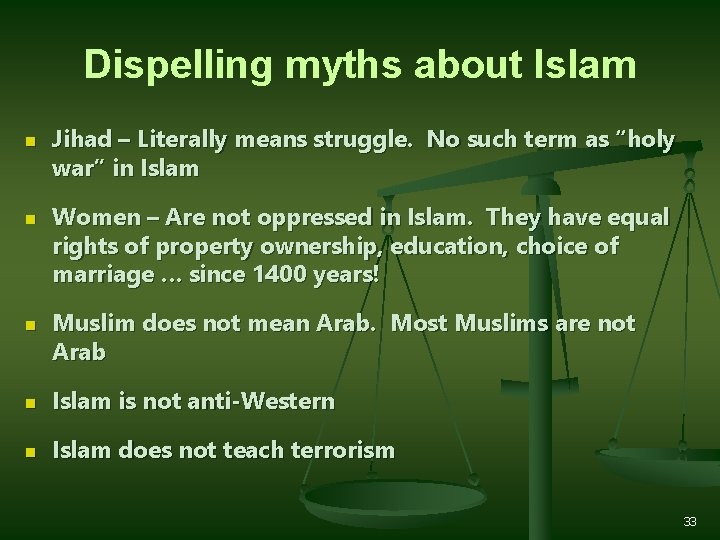 Dispelling myths about Islam n n n Jihad – Literally means struggle. No such Dispelling myths about Islam n n n Jihad – Literally means struggle. No such