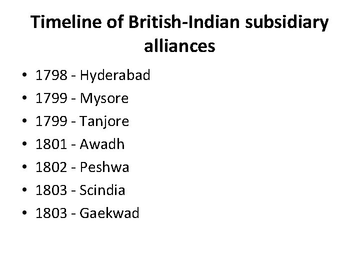 Timeline of British-Indian subsidiary alliances • • 1798 - Hyderabad 1799 - Mysore 1799