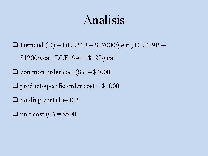Analisis q Demand (D) = DLE 22 B = $12000/year , DLE 19 B
