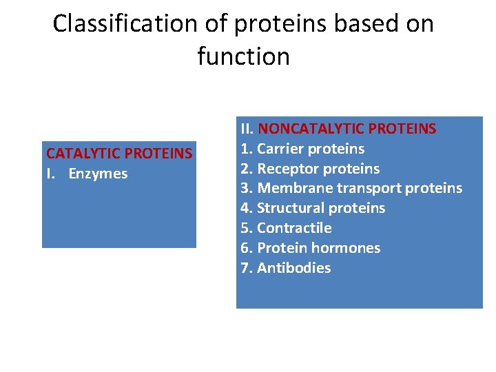 Classification of proteins based on function CATALYTIC PROTEINS I. Enzymes II. NONCATALYTIC PROTEINS 1. Classification of proteins based on function CATALYTIC PROTEINS I. Enzymes II. NONCATALYTIC PROTEINS 1.