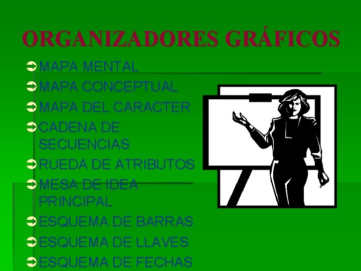 ORGANIZADORES GRÁFICOS Ü MAPA MENTAL Ü MAPA CONCEPTUAL Ü MAPA DEL CARACTER Ü CADENA