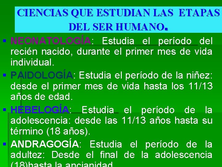 CIENCIAS QUE ESTUDIAN LAS ETAPAS DEL SER HUMANO. § NEONATOLOGÍA: Estudia el período del