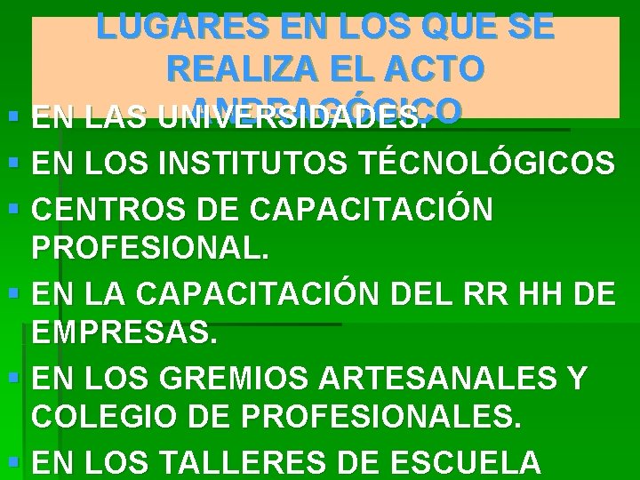 LUGARES EN LOS QUE SE REALIZA EL ACTO ANDRAGÓGICO § EN LAS UNIVERSIDADES. §