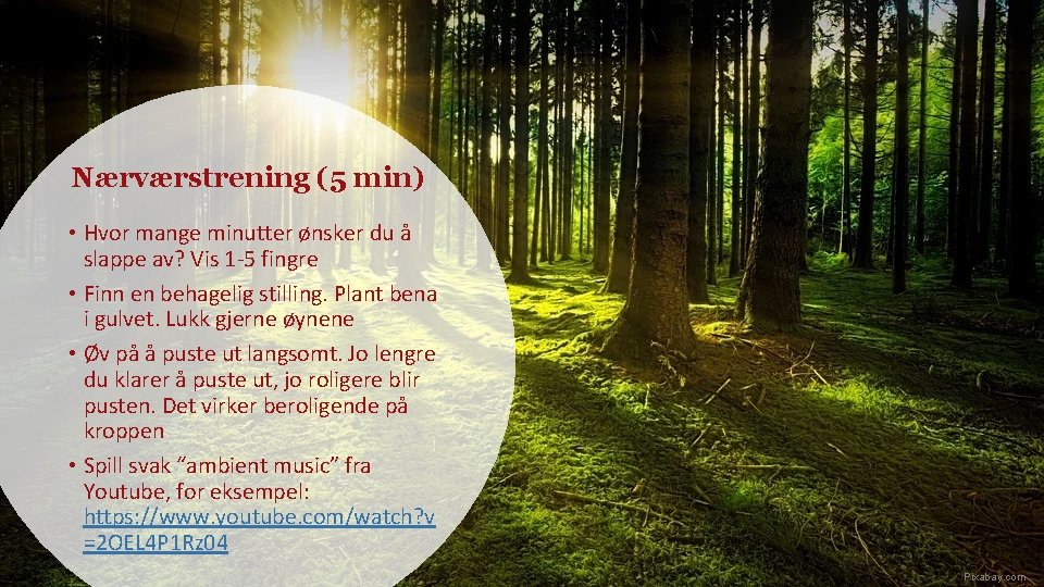 Nærværstrening (5 min) • Hvor mange minutter ønsker du å slappe av? Vis 1