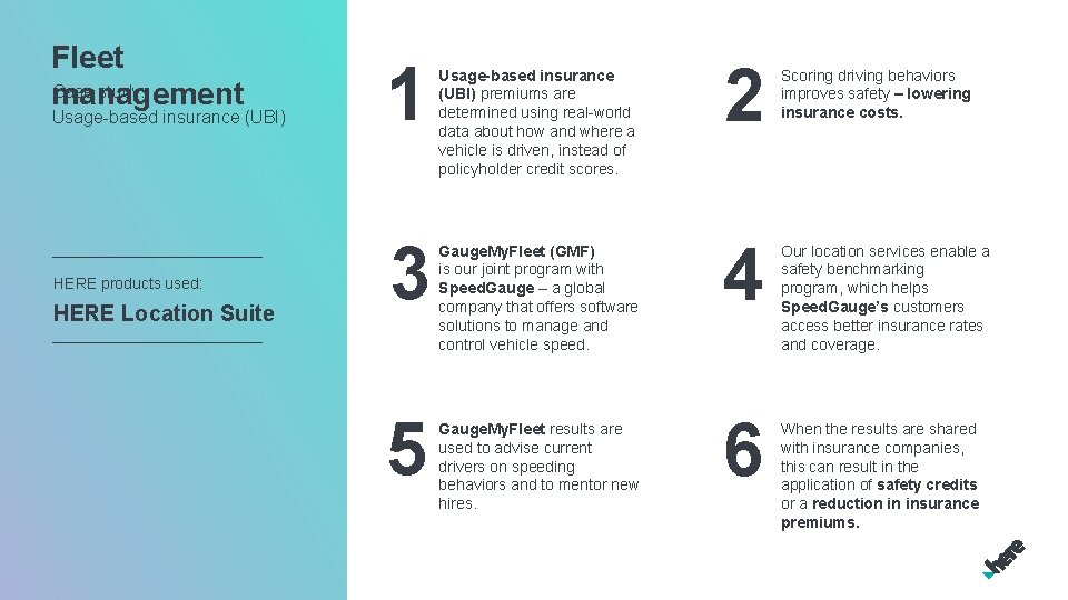 Fleet Case study: management Usage-based insurance (UBI) HERE products used: HERE Location Suite 1 Fleet Case study: management Usage-based insurance (UBI) HERE products used: HERE Location Suite 1