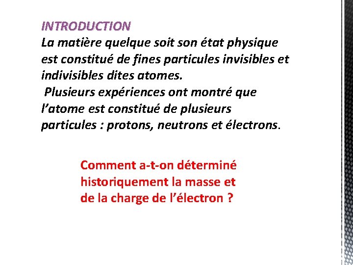 INTRODUCTION La matière quelque soit son état physique est constitué de fines particules invisibles