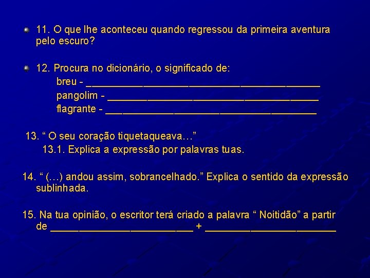 11. O que lhe aconteceu quando regressou da primeira aventura pelo escuro? 12. Procura