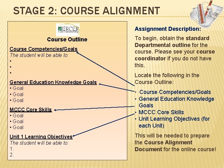 STAGE 2: COURSE ALIGNMENT Assignment Description: Course Outline Course Competencies/Goals The student will be