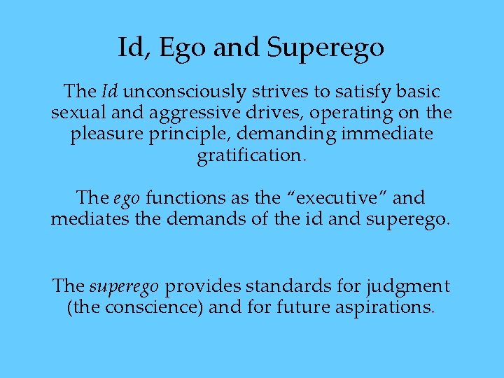 Id, Ego and Superego The Id unconsciously strives to satisfy basic sexual and aggressive Id, Ego and Superego The Id unconsciously strives to satisfy basic sexual and aggressive
