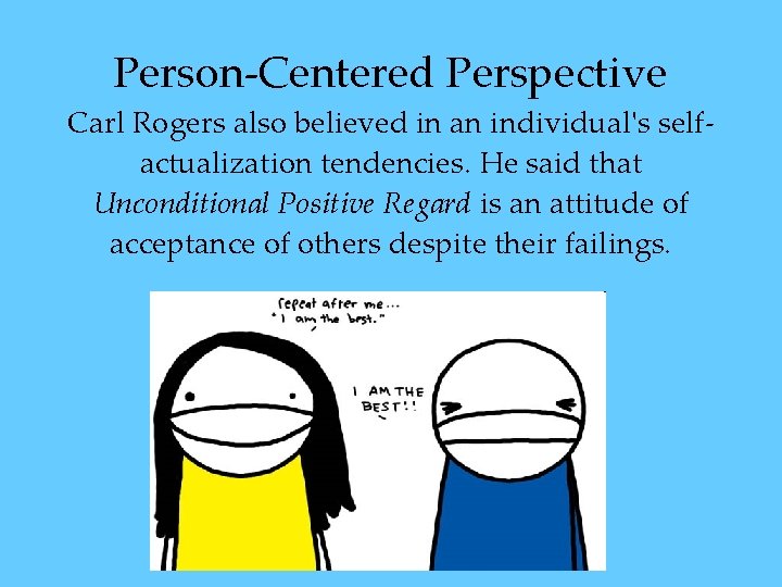 Person-Centered Perspective Carl Rogers also believed in an individual's selfactualization tendencies. He said that Person-Centered Perspective Carl Rogers also believed in an individual's selfactualization tendencies. He said that